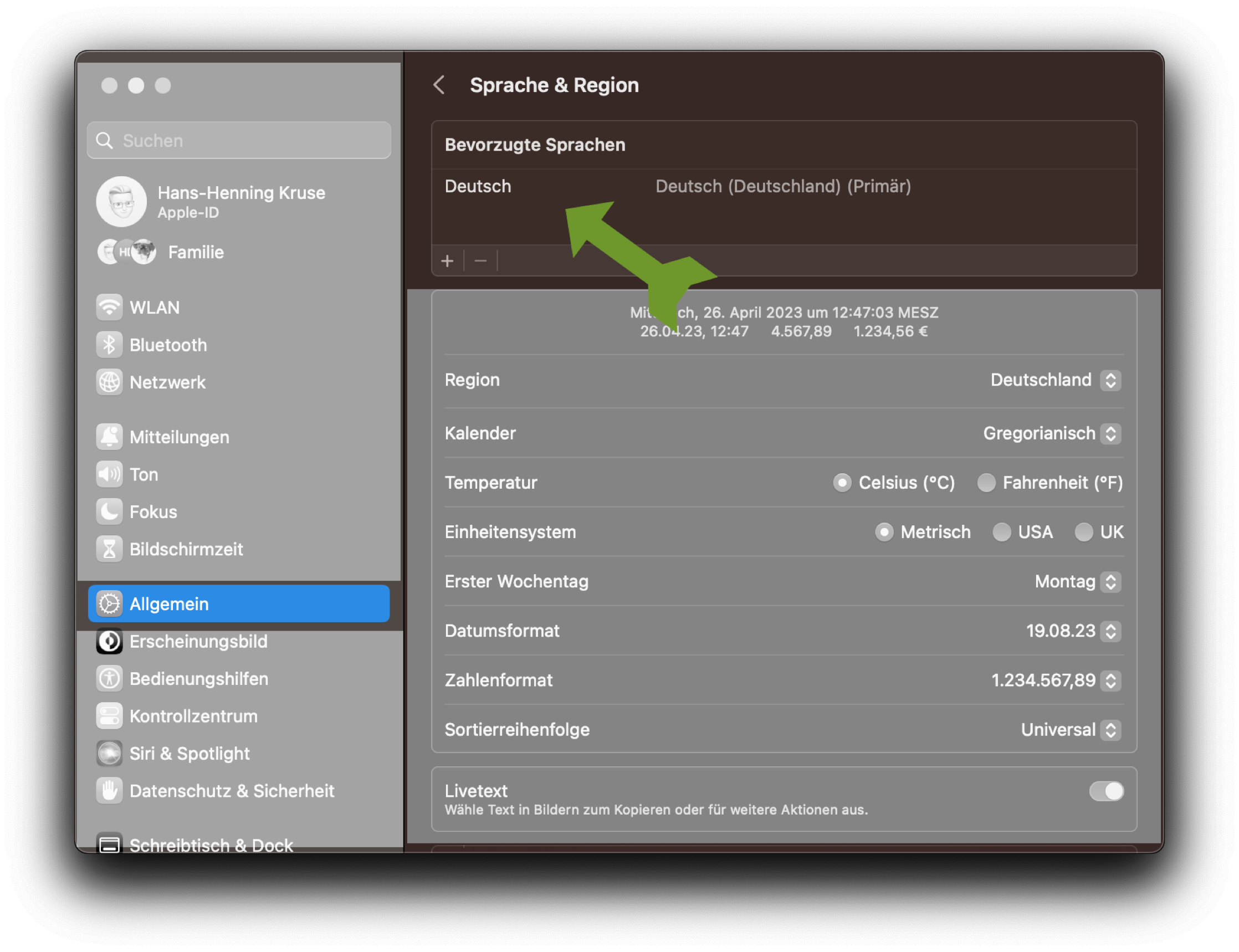 iOS: Einstellungen -> Allgemein -> Sprachen & Regionen